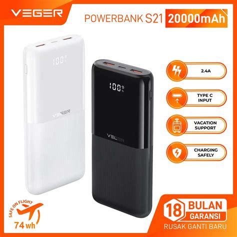 VEGER S21 Powerbank 20000mAh 2 Ports USB Output 2.4A LED Digital Display Power Bank